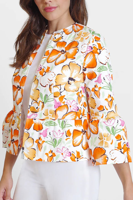 Open Front Flounce 3/4 Sleeve and Waist Floral Print Crepe Jacket