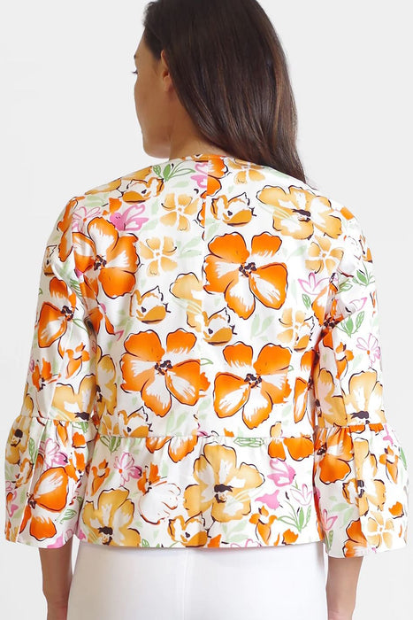 Open Front Flounce 3/4 Sleeve and Waist Floral Print Crepe Jacket