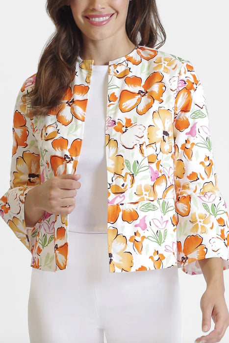 Open Front Flounce 3/4 Sleeve and Waist Floral Print Crepe Jacket