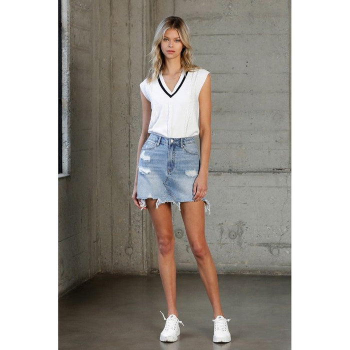 High Waist Frayed Mini Denim Skirt