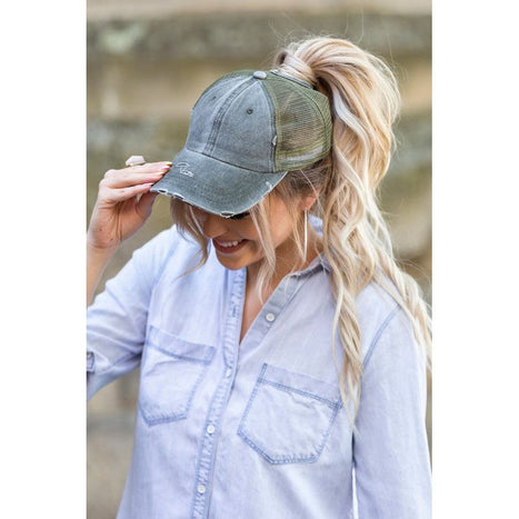 Distressed Messy Bun Hat Cap