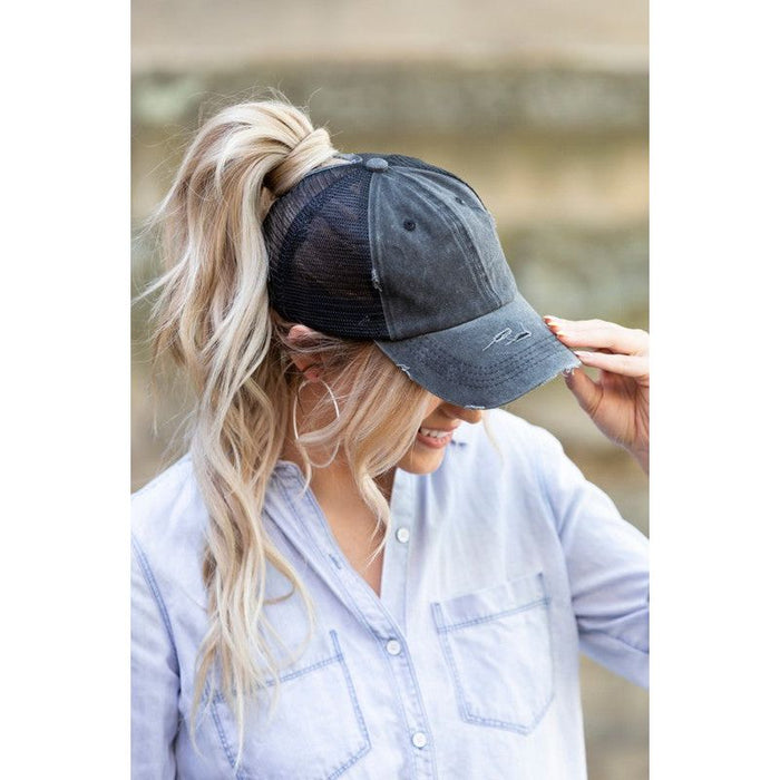 Distressed Messy Bun Hat Cap