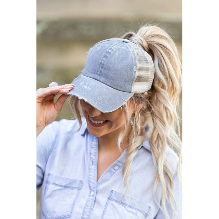 Distressed Messy Bun Hat Cap