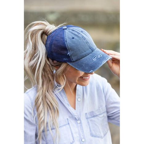 Distressed Messy Bun Hat Cap