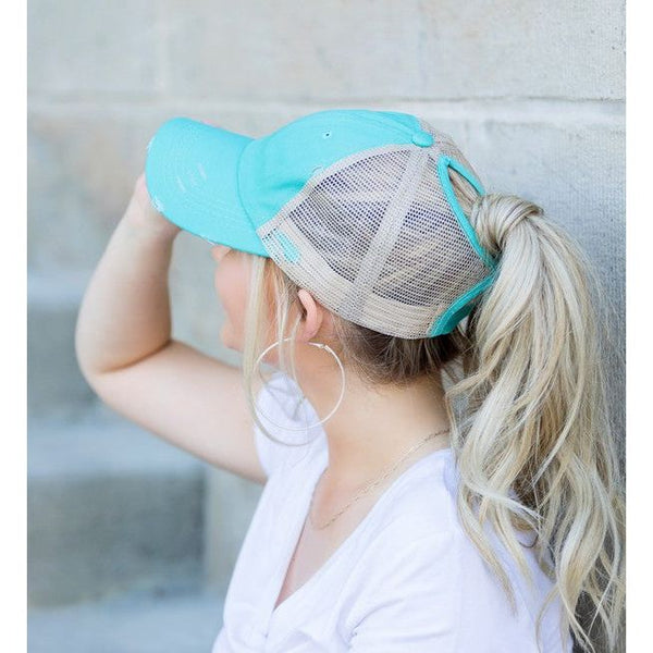 Distressed Messy Bun Hat Cap