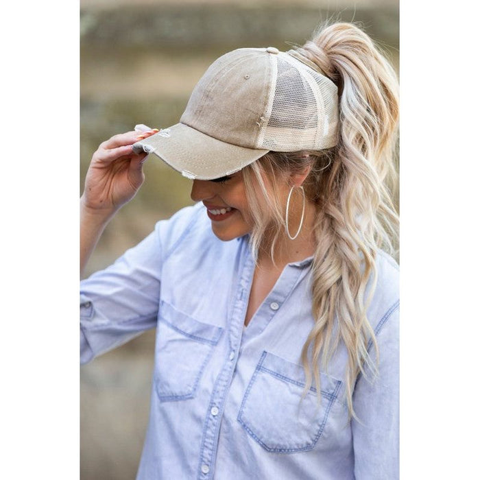 Distressed Messy Bun Hat Cap