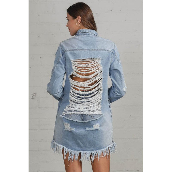 Heavy Body Destroyed Denim Shirt Dress in Light Wash