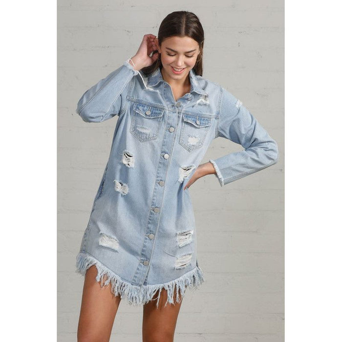 Heavy Body Destroyed Denim Shirt Dress in Light Wash