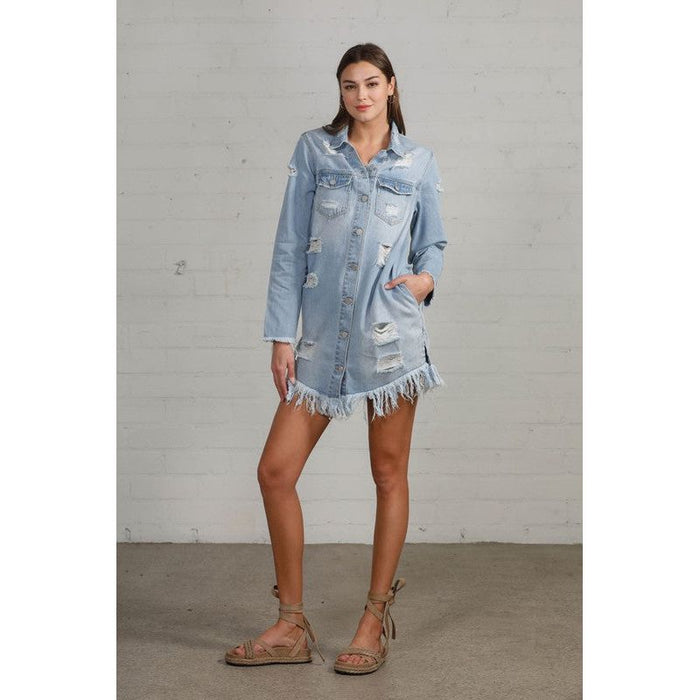 Heavy Body Destroyed Denim Shirt Dress in Light Wash