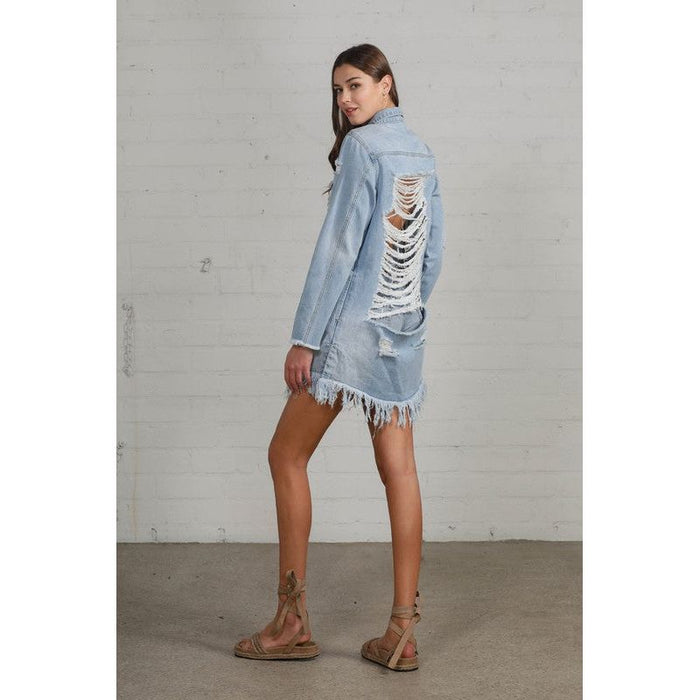 Heavy Body Destroyed Denim Shirt Dress in Light Wash