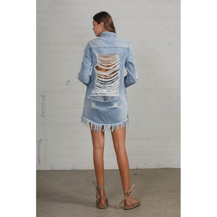 Heavy Body Destroyed Denim Shirt Dress in Light Wash