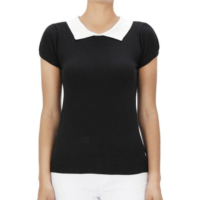 Cute Contrast Collar Pleated Cap Sleeve Knit Top