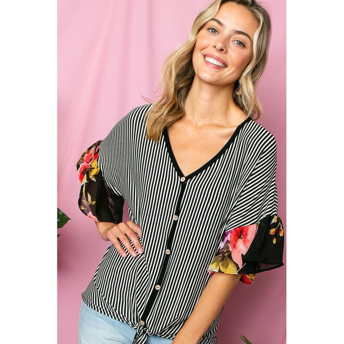 STRIPE FLORAL MIXED RUFFLE TOP