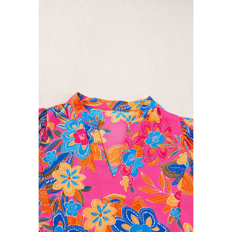 Peplum Printed Notched Short Sleeve Blouse