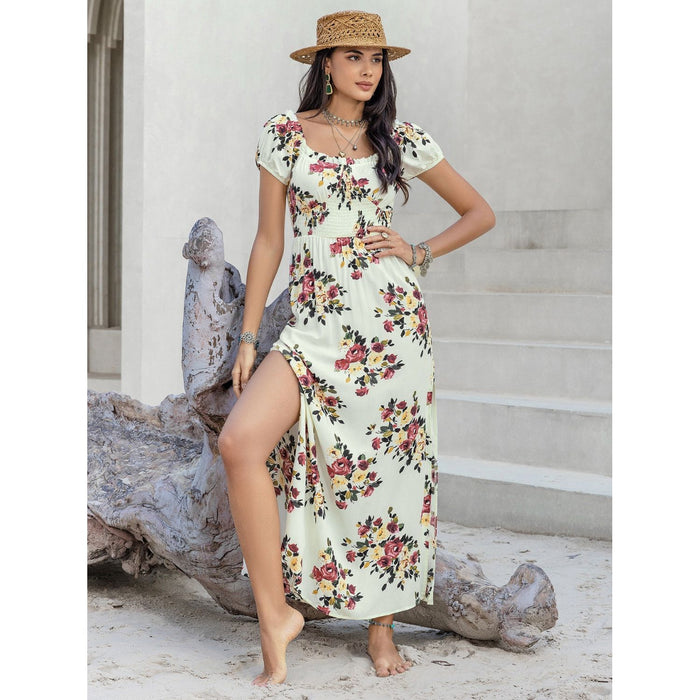 Tied Slit Floral Short Sleeve Dress