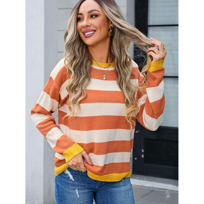 Striped Round Neck Dropped Shoulder Sweater