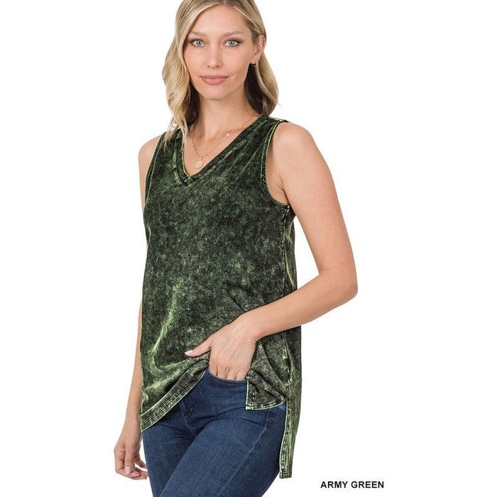 Mineral Wash Sleeveless V-Neck Top With Side Slit