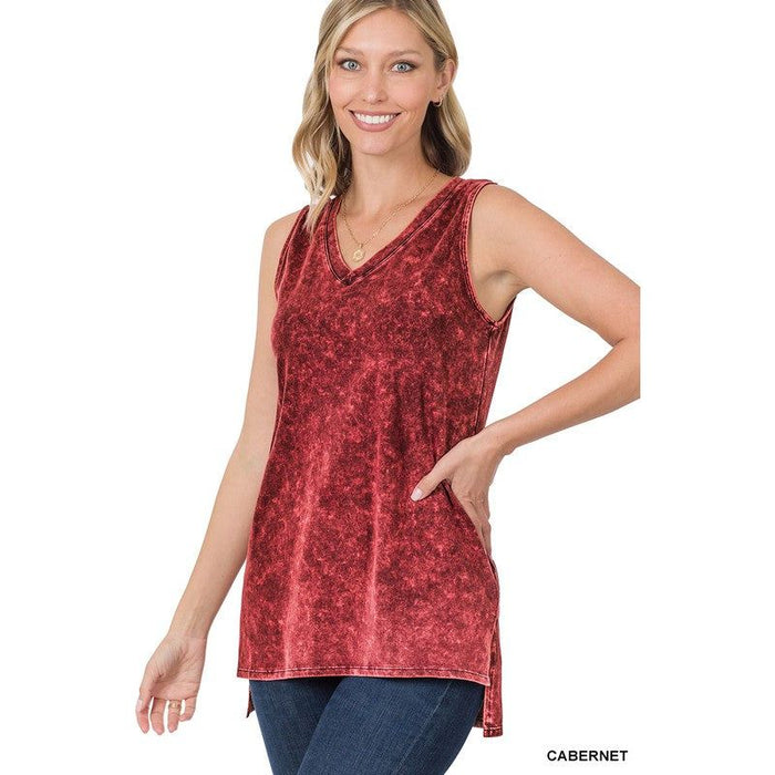 Mineral Wash Sleeveless V-Neck Top With Side Slit