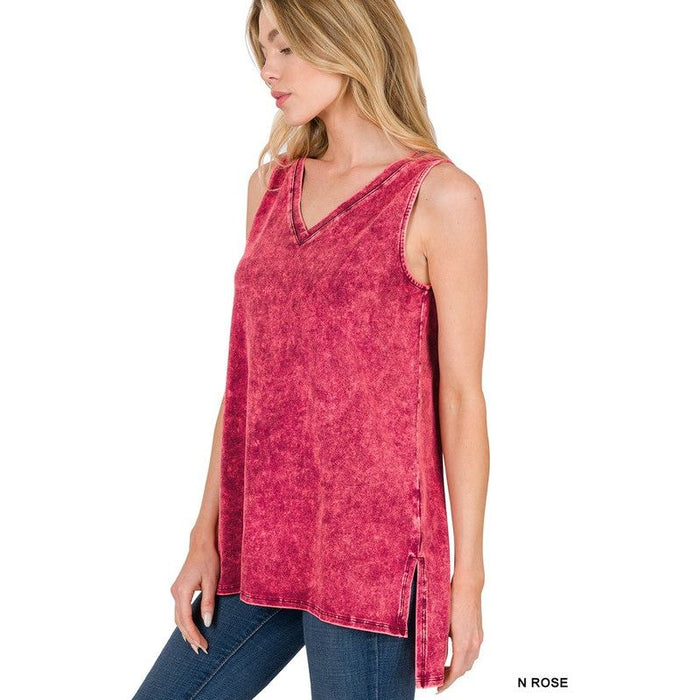 Mineral Wash Sleeveless V-Neck Top With Side Slit