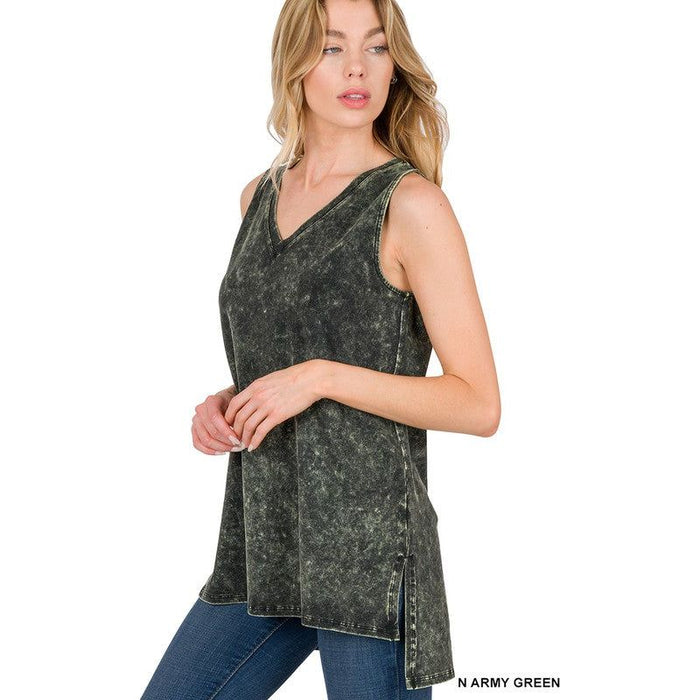 Mineral Wash Sleeveless V-Neck Top With Side Slit