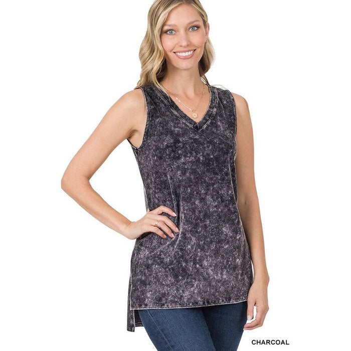 Mineral Wash Sleeveless V-Neck Top With Side Slit