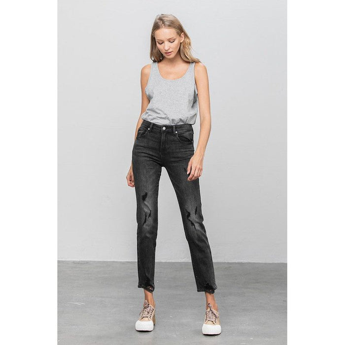 Mid Rise Distressed Straight Jeans