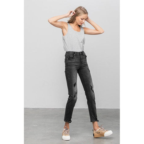 Mid Rise Distressed Straight Jeans