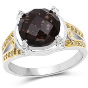 Bids.com 3.28 Carat Genuine Smoky Quartz, Yellow Diamond & White Diamond .925 Sterling Silver Ring Rings