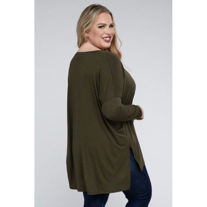 Plus Dolman Sleeve V-Neck Side Slit Hi-Low Hem Top