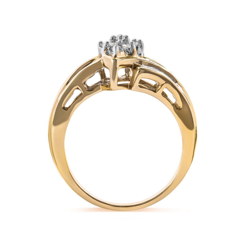Bids.com 10K Yellow Gold 1/2 Cttw Round And Baguette-cut Diamond Cluster Head and Channel Set Shank Ring (H-I Color, I1-I2 Clarity) - Ring Size 7 Rings