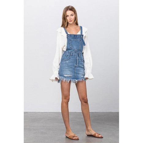 Frayed Denim Overalls Dress