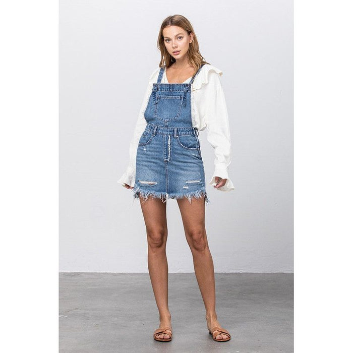 Frayed Denim Overalls Dress