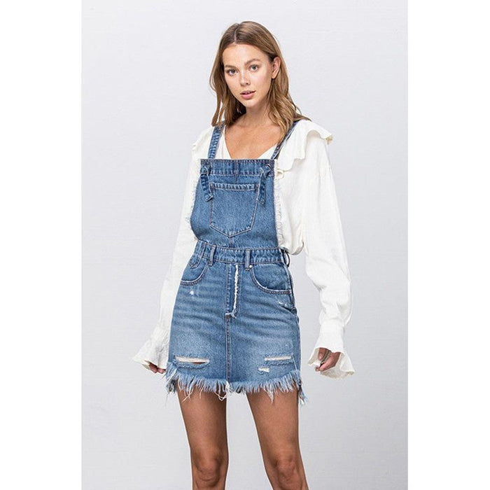 Frayed Denim Overalls Dress