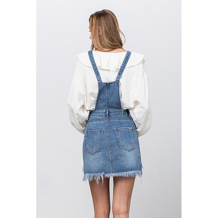 Frayed Denim Overalls Dress