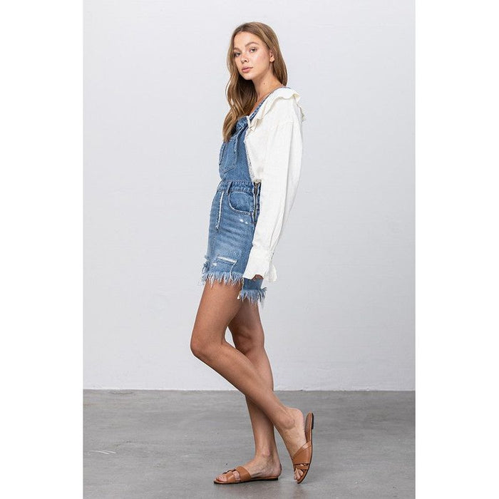 Frayed Denim Overalls Dress