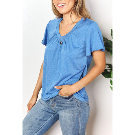 Double Take Ruched V-Neck Short Sleeve T-Shirt