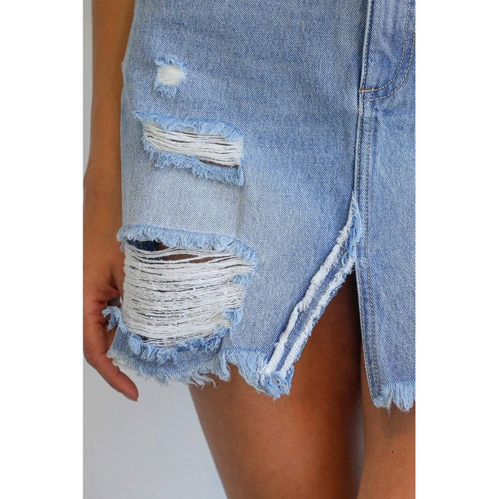 Split Middle Ripped Raw Hem Denim Skirt