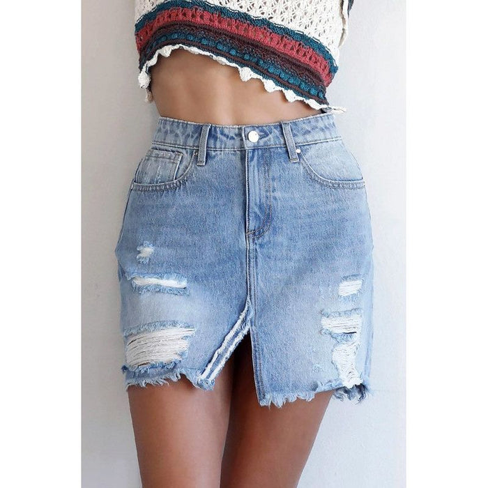 Split Middle Ripped Raw Hem Denim Skirt