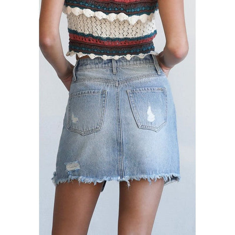 Split Middle Ripped Raw Hem Denim Skirt