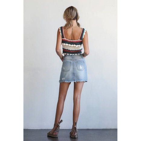 Split Middle Ripped Raw Hem Denim Skirt