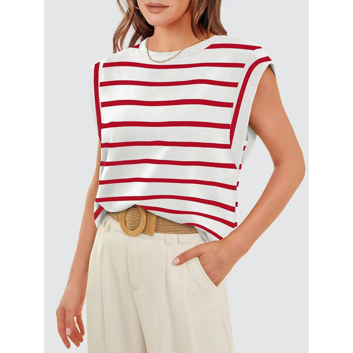 Striped Round Neck Cap Sleeve T-Shirt