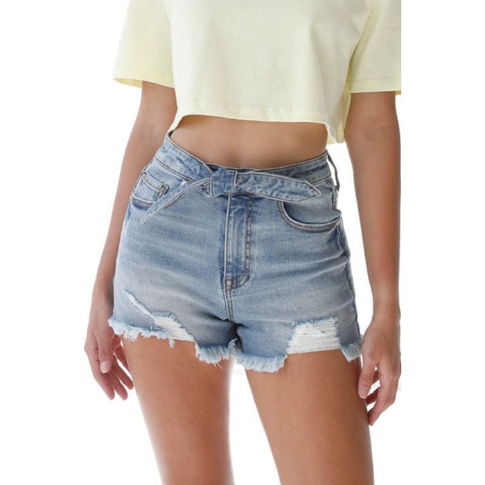 Ribbon Tie Frayed Denim Shorts