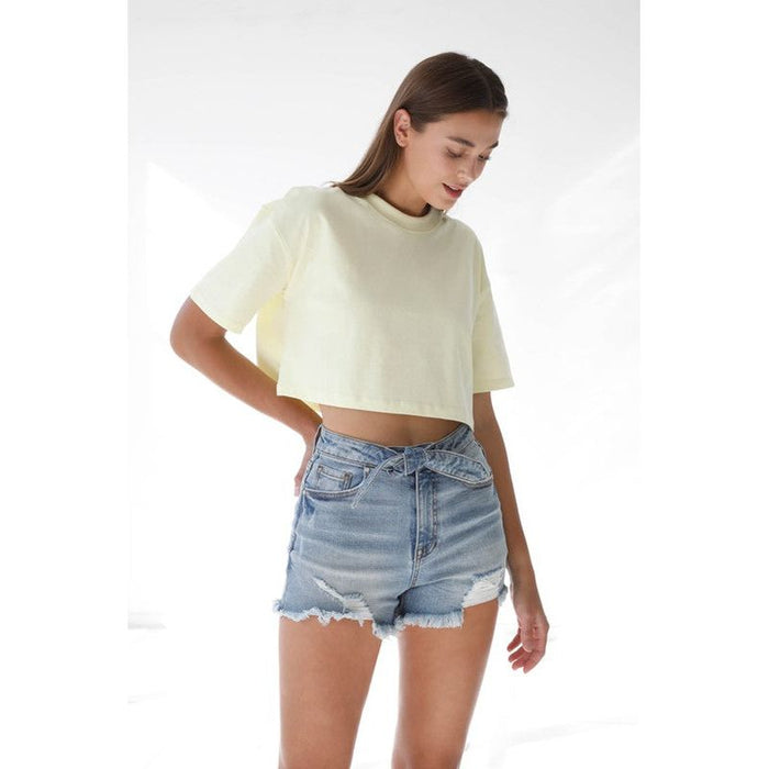 Ribbon Tie Frayed Denim Shorts