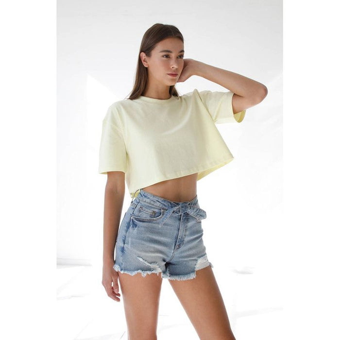 Ribbon Tie Frayed Denim Shorts