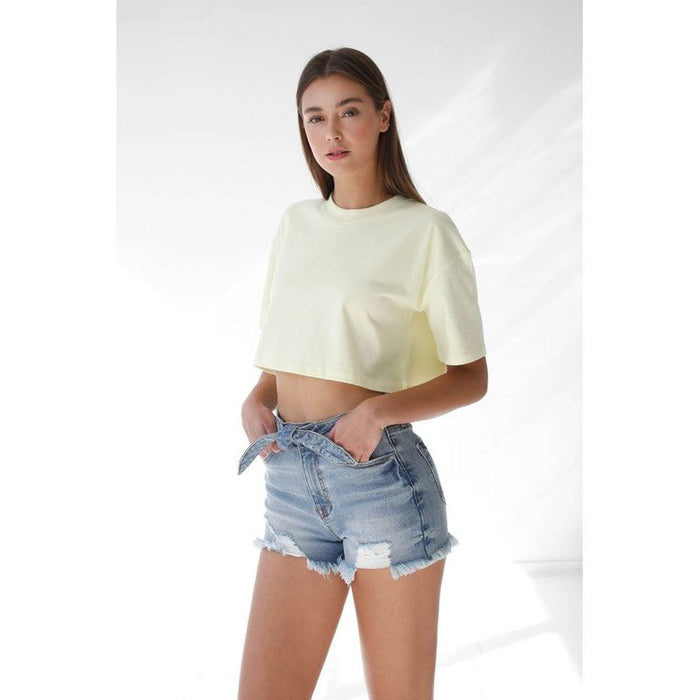 Ribbon Tie Frayed Denim Shorts