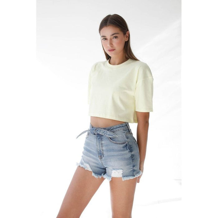 Ribbon Tie Frayed Denim Shorts