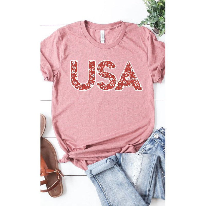 Red and White Floral USA Graphic Tee