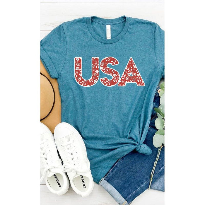 Red and White Floral USA Graphic Tee