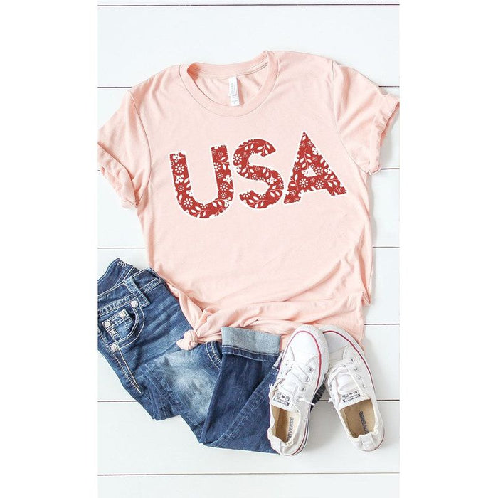 Red and White Floral USA Graphic Tee