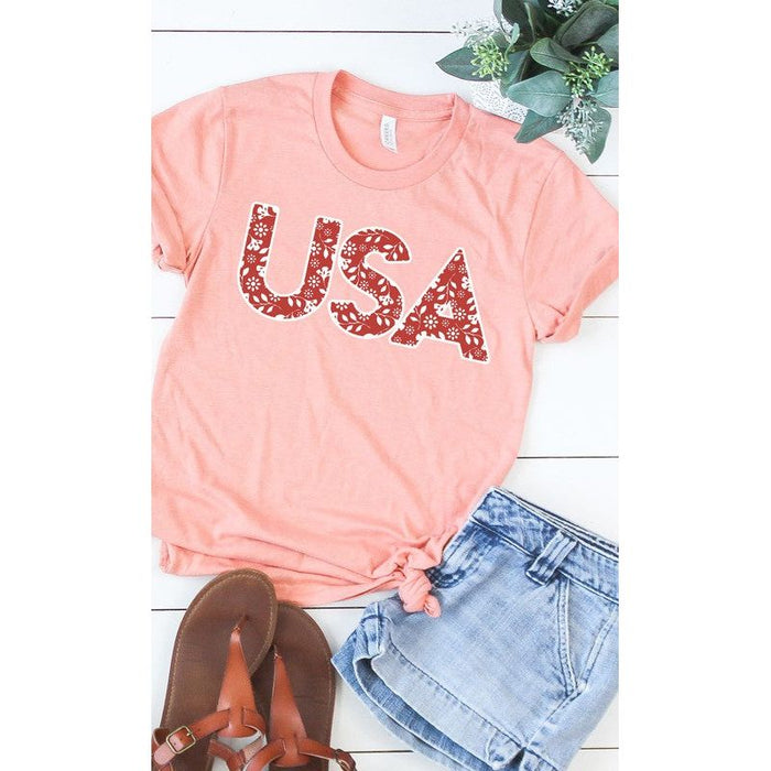 Red and White Floral USA Graphic Tee